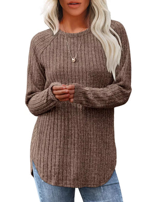 Ribbed knit long sleeve maternity t-shirt in caramel color with crew neck and curved hem