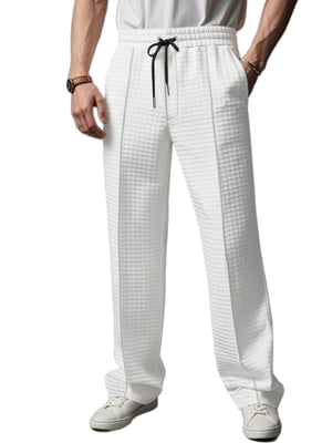 White textured drawstring sweatpants for men with a casual fit.