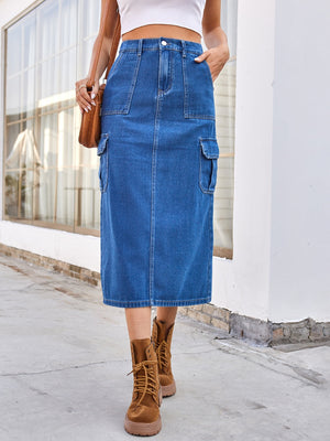 Medium wash denim midi skirt with cargo pockets and a casual midi length.