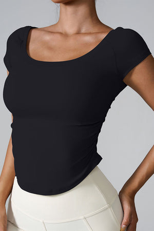 Black performance t-shirt with gathered side detail and scoop neck.