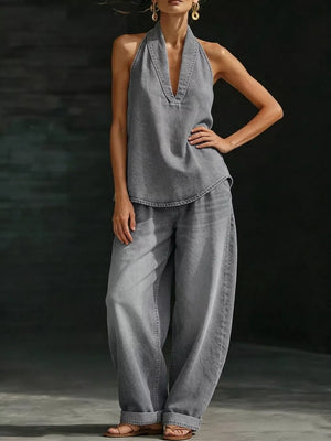Gray halter neck top and wide-leg pants outfit set with deep V-neck and ankle cuffs.