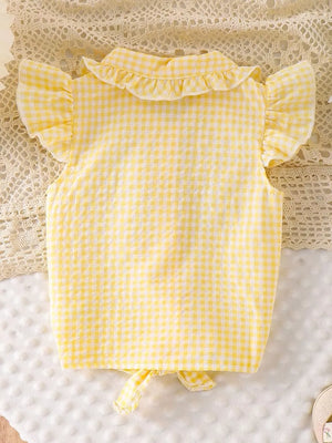 Children's Gingham Ruffle Collar Sleeveless Shirt in Yellow, fabric detail