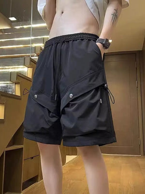 Black lightweight cargo shorts with drawstring and flap pockets
