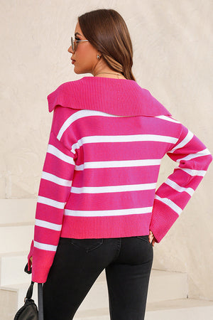 Hot pink and white striped knit pullover sweater with a wide collar.