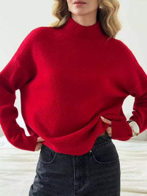 Relaxed mock neck knit sweater in scarlet, featuring a soft acrylic blend texture.
