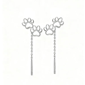 Silver paw print drop earrings with chain and bar detail