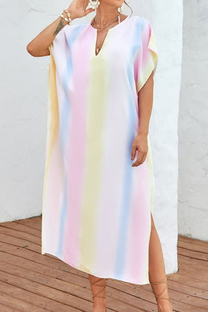 Multicolor striped kaftan dress with V-neck and side slits, perfect for beach or casual wear.