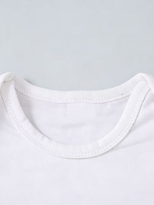 White baby bodysuit with a rounded neckline and contrast stitching.