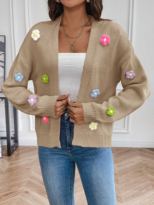 Khaki knit open-front cardigan with embroidered multicolor flowers.