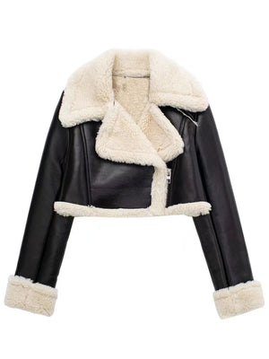 Black cropped aviator jacket with white shearling trim and collar