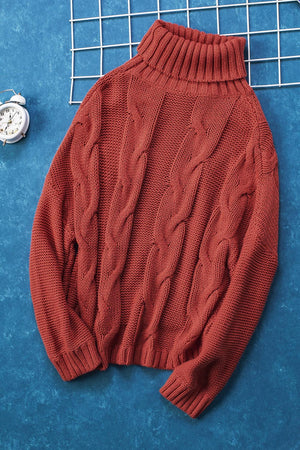 Rust cable knit turtleneck sweater with relaxed fit and ribbed cuffs.