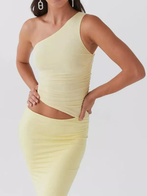 Yellow one-shoulder ruched maternity maxi dress with cutout detail