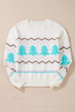 White acrylic knit sweater with a textured tree motif, zig-zag patterns, and crew neck.