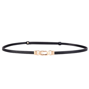 Black leather belt with interlocking gold buckle detail