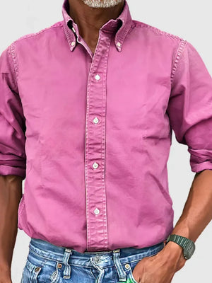 Fuchsia pink Oxford button-down shirt with relaxed fit and button collar.