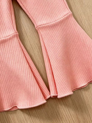 Children's Daisy Ruffled Ribbed Top & Flare Pants Set in Pink, fabric detail