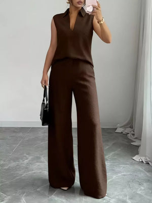 Chocolate sleeveless collared top and wide-leg pants set with V-neck.