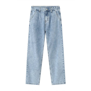 Pleated denim wide-leg trousers in medium wash, featuring a relaxed fit and casual style.