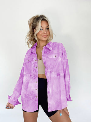 Cloud Wash Overshirt in Heliotrope Purple with patch pockets and button front.