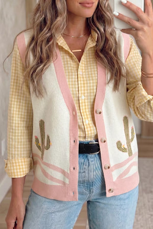 Color Block Cactus Pattern Western Sweater Vest, front view