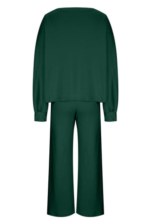 Wide-leg lounge set in Black Forest with balloon sleeves and relaxed fit pants.