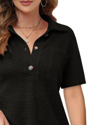 Black waffle knit polo shirt with button detail and collar