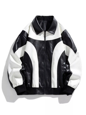 Retro faux leather bomber jacket in black and white with a colorblock design and ribbed cuffs.