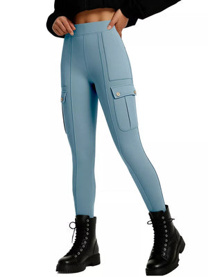 Sky blue high-waisted active pants with cargo pockets and button details