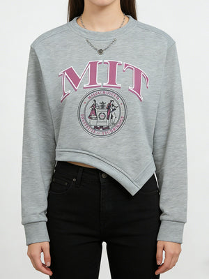 Grey asymmetrical cropped sweatshirt with MIT graphic and crew neck.