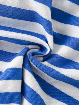 Children's blue and white striped short sleeve tee with soft knit fabric detail.