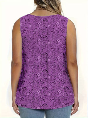 Purple floral print sleeveless henley tank top with a round neckline.