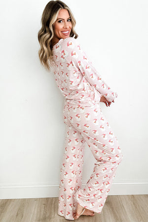 Blush pink Santa stripe loungewear set with long sleeves and wide-leg pants.