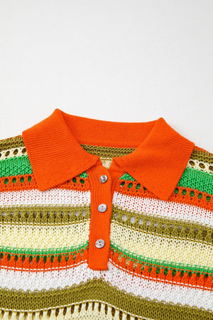 Striped crochet polo mini dress with orange collar and button placket.