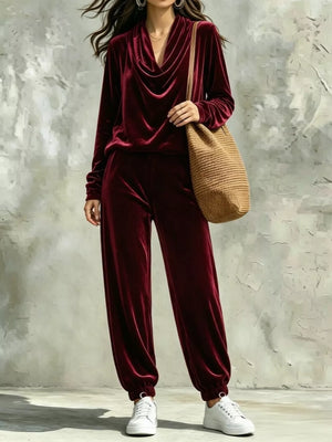 Cowl Neck Top And Joggers Set in Black, back view