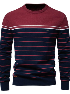 Burgundy and navy striped crewneck sweater with textured yoke and white stripe detail.