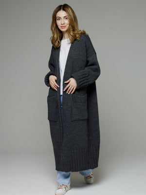 Dark gray oversized maxi cardigan with ribbed trim and pockets