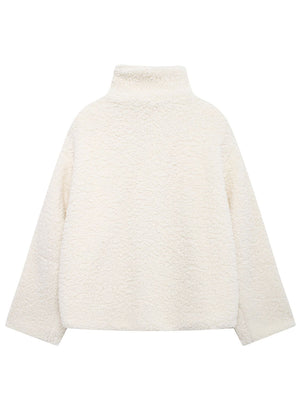 White teddy fleece zip-up jacket with high neck and contrast piping detail