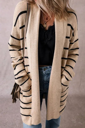 Khaki striped ribbed knit open cardigan with pockets, worn over a black lace cami and jeans.