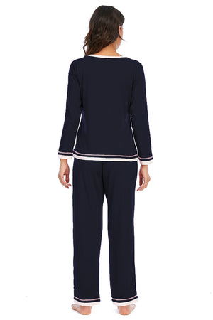 Dark Navy V-Chic Lounge Duo Pajama set with white trim on neckline and cuffs.