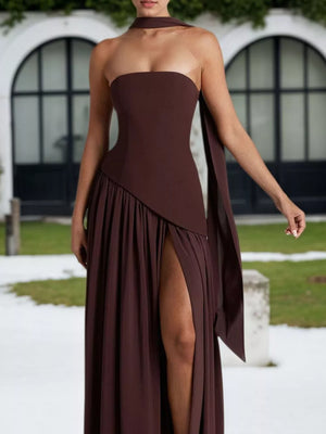 Brown asymmetrical maxi dress with slit and halter neck detail