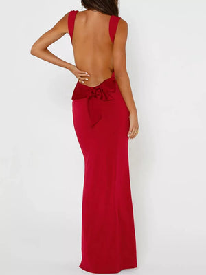 Red backless maxi dress with bow detail on back