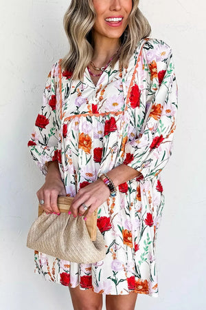Floral Print 3/4 Puff Sleeve Mini Dress in Floral, model styling view