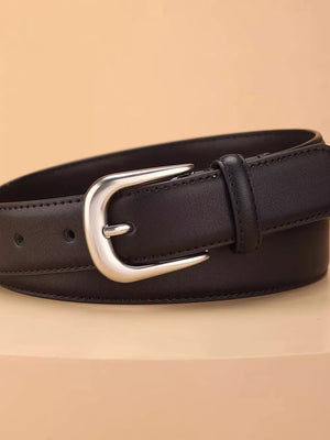 Black cowhide leather belt with a silver buckle and stitched edges.