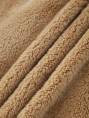 Khaki teddy shacket fabric detail, plush and soft texture.