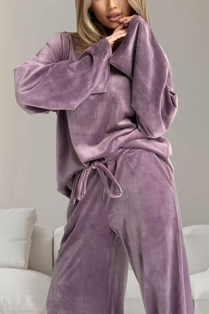 Mauve velvet lounge set with wide sleeve top and drawstring pants.