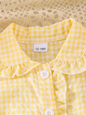 Children's Gingham Ruffle Collar Sleeveless Shirt in Yellow, close-up detail
