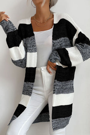 Block stripe open-front knit cardigan in black, white, and dark gray.