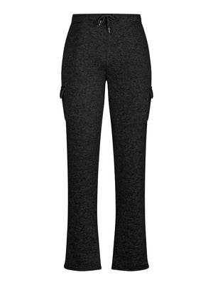 Dark gray fleece cargo joggers with drawstring waist and side cargo pockets.