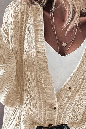 Chic mesh detail taupe knit cardigan with button front and V-neck.
