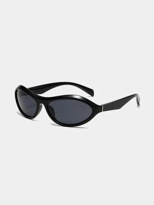 Black sculpted oval lens sunglasses with dark lenses and a sleek frame.